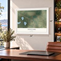 Lelia Lake, Texas map, 18 x 24 inch print in a white frame in a home office