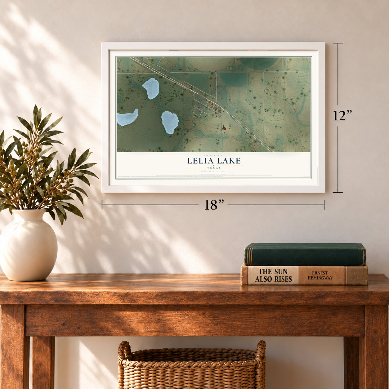 Lelia Lake, Texas map, 12 x 18 inch print in a white frame in an entryway