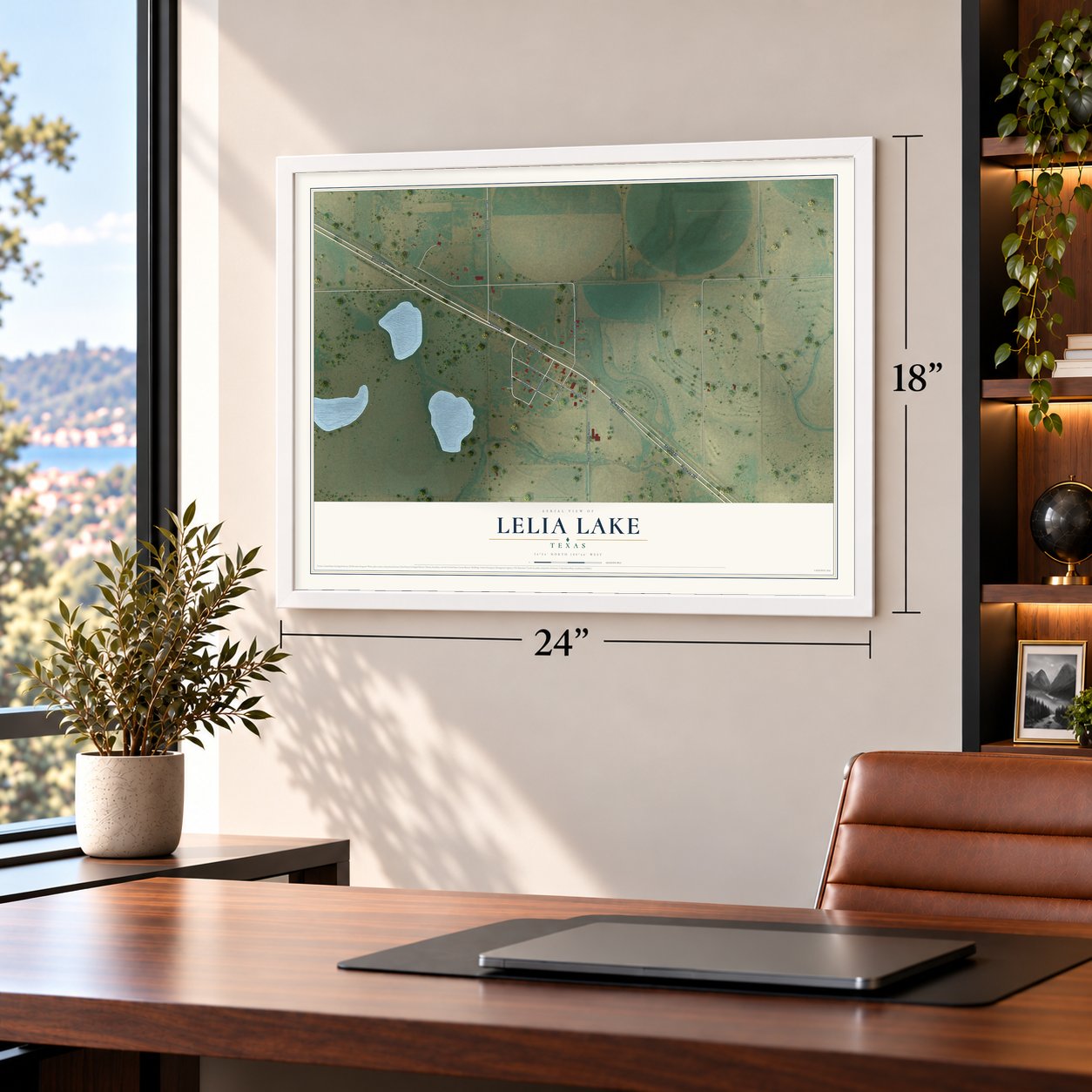 Lelia Lake, Texas map, 18 x 24 inch print in a white frame in a home office