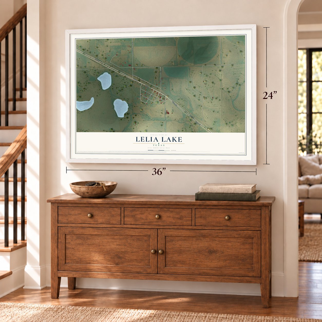 Lelia Lake, Texas map, 24 x 36 inch print in a white frame above a dresser by a staircase