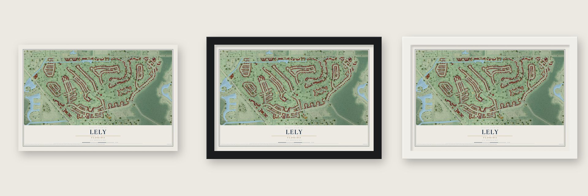 Lely, Florida map unframed, in a black wood frame and in a white wood frame