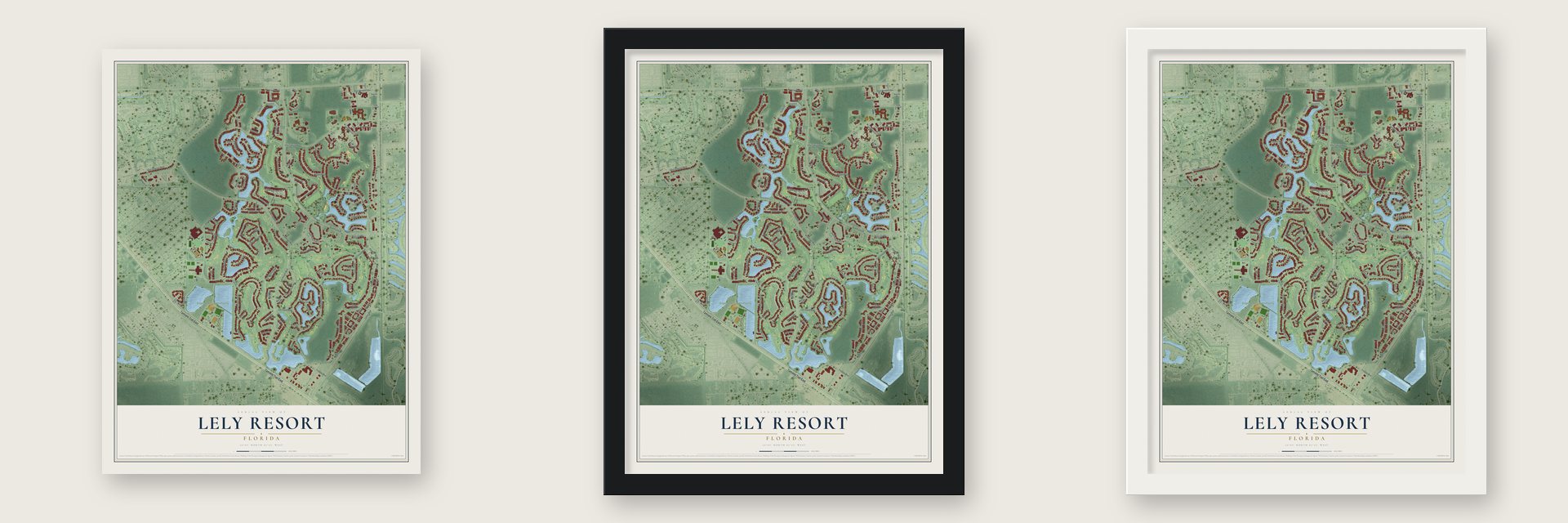 Lely Resort, Florida map unframed, in a black wood frame and in a white wood frame