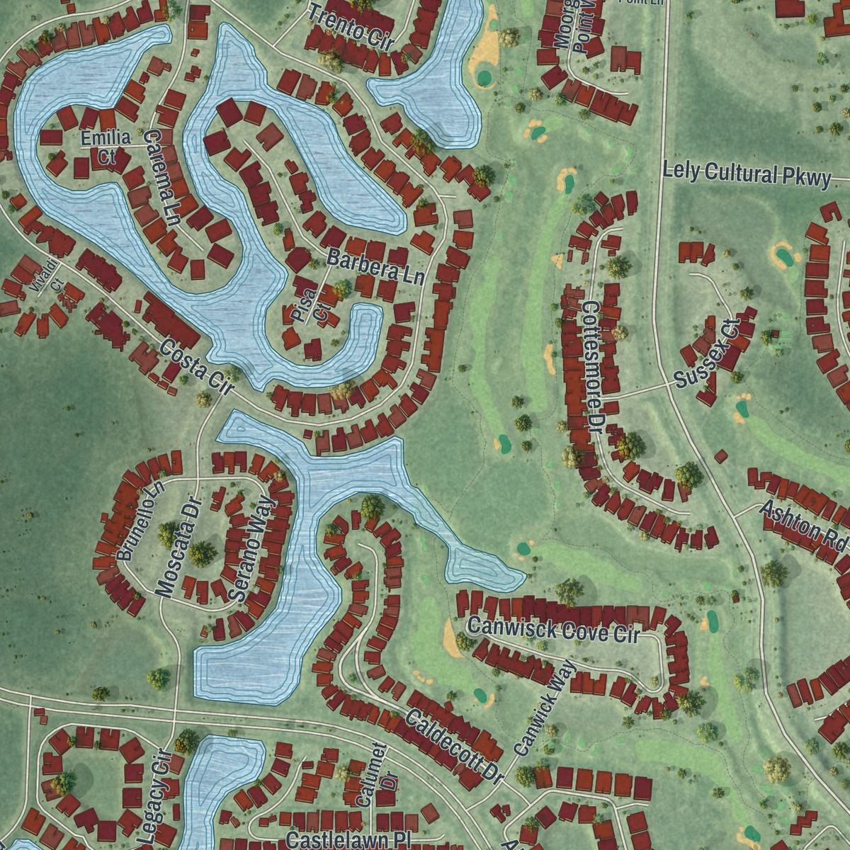 Second close-up of the map of Lely Resort, Florida print showing more streets and buildings