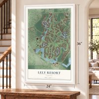 Lely Resort, Florida map, 24 x 36 inch print in a white frame by a staircase