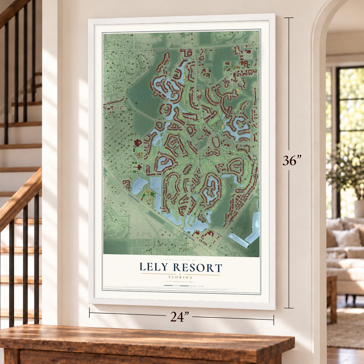 Lely Resort, Florida map, 24 x 36 inch print in a white frame by a staircase