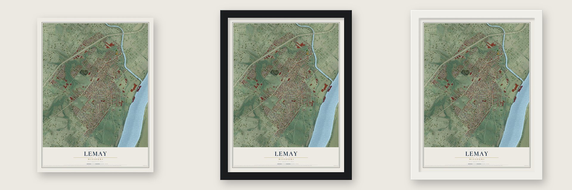 Lemay, Missouri map unframed, in a black wood frame and in a white wood frame
