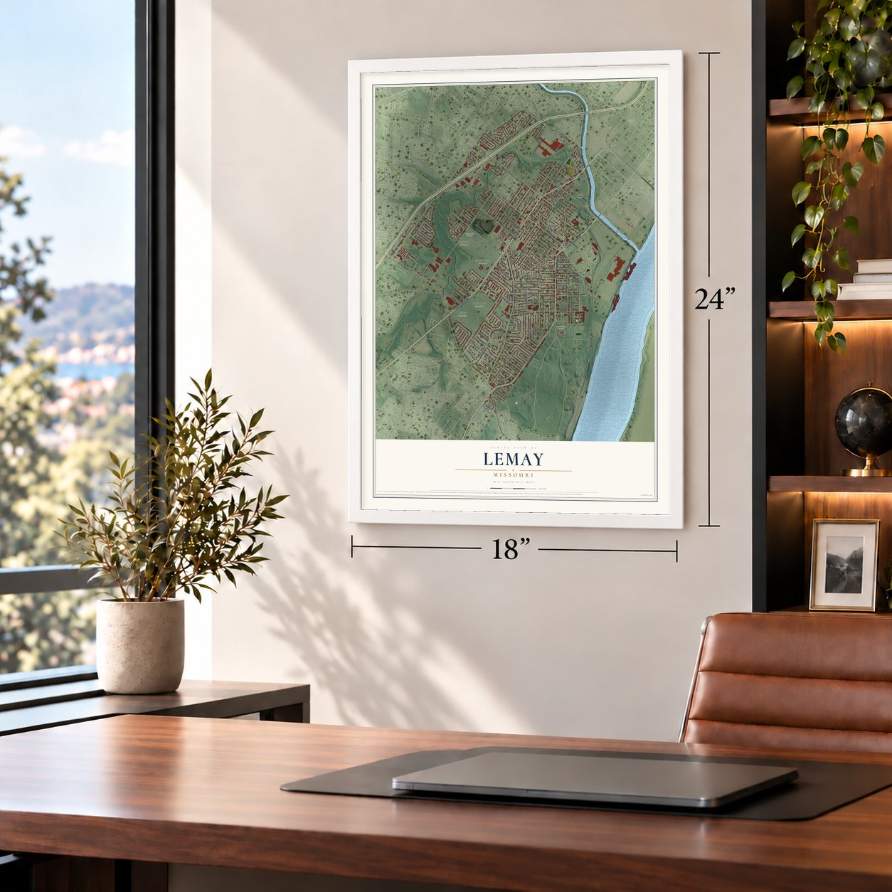 Lemay, Missouri map, 18 x 24 inch print in a white frame in a home office