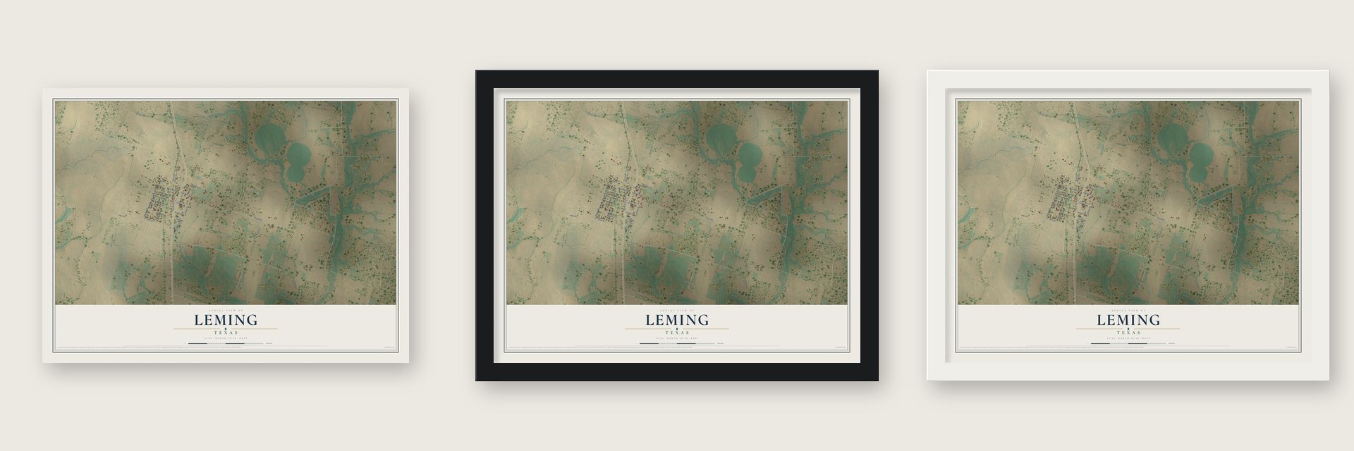 Leming, Texas map unframed, in a black wood frame and in a white wood frame