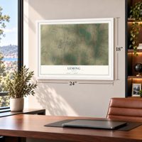 Leming, Texas map, 18 x 24 inch print in a white frame in a home office