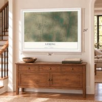 Leming, Texas map, 24 x 36 inch print in a white frame above a dresser by a staircase