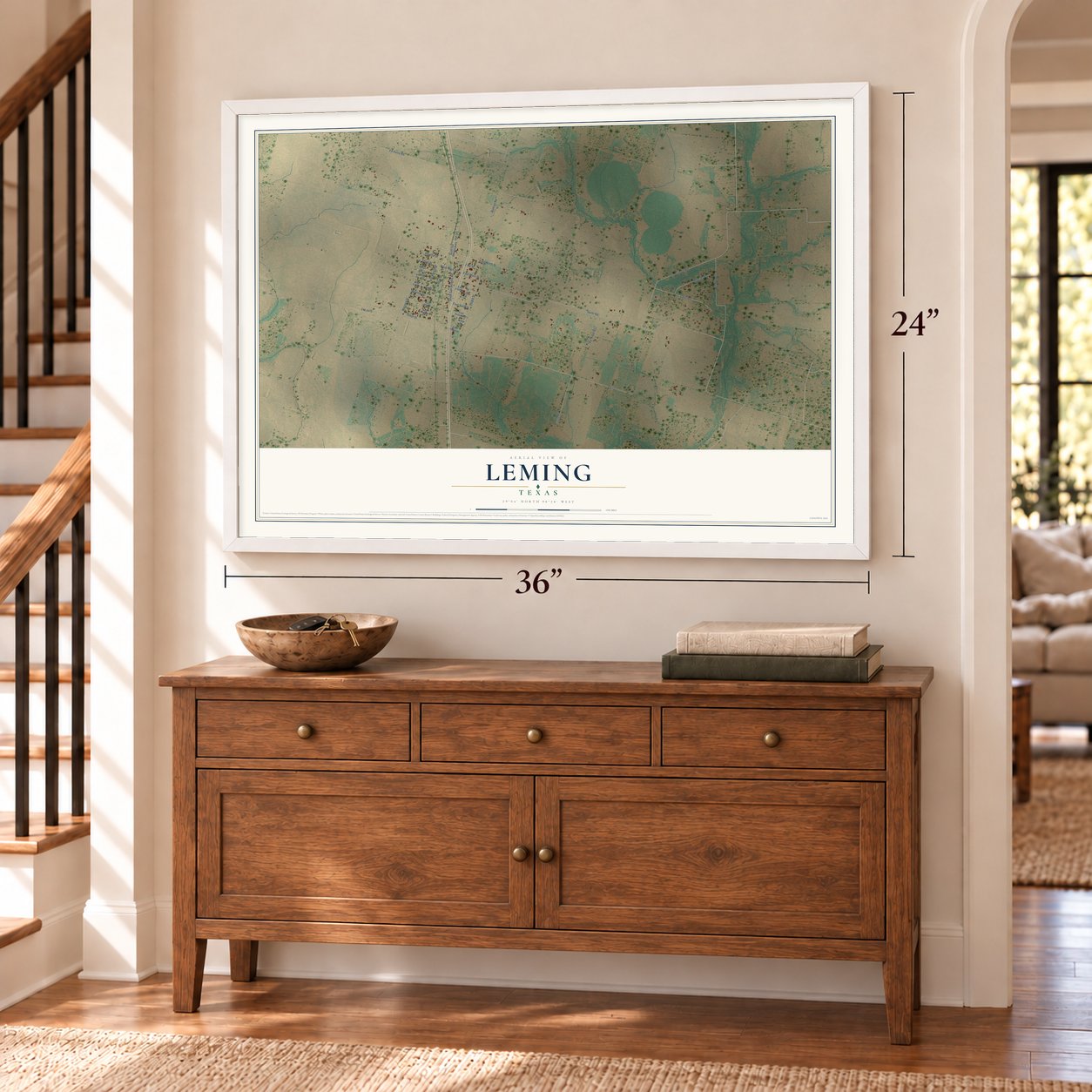 Leming, Texas map, 24 x 36 inch print in a white frame above a dresser by a staircase