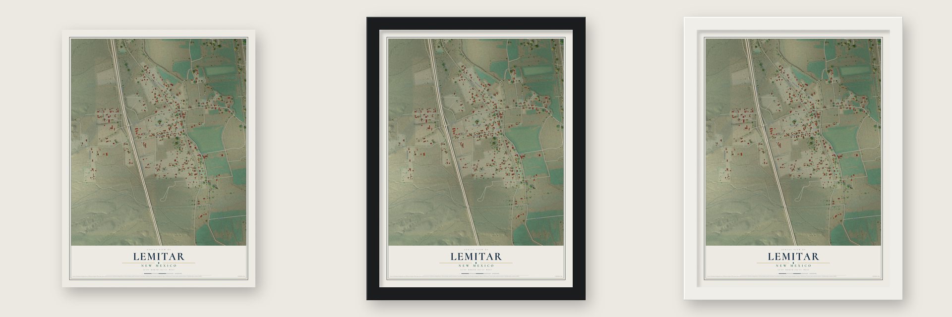 Lemitar, New Mexico map unframed, in a black wood frame and in a white wood frame