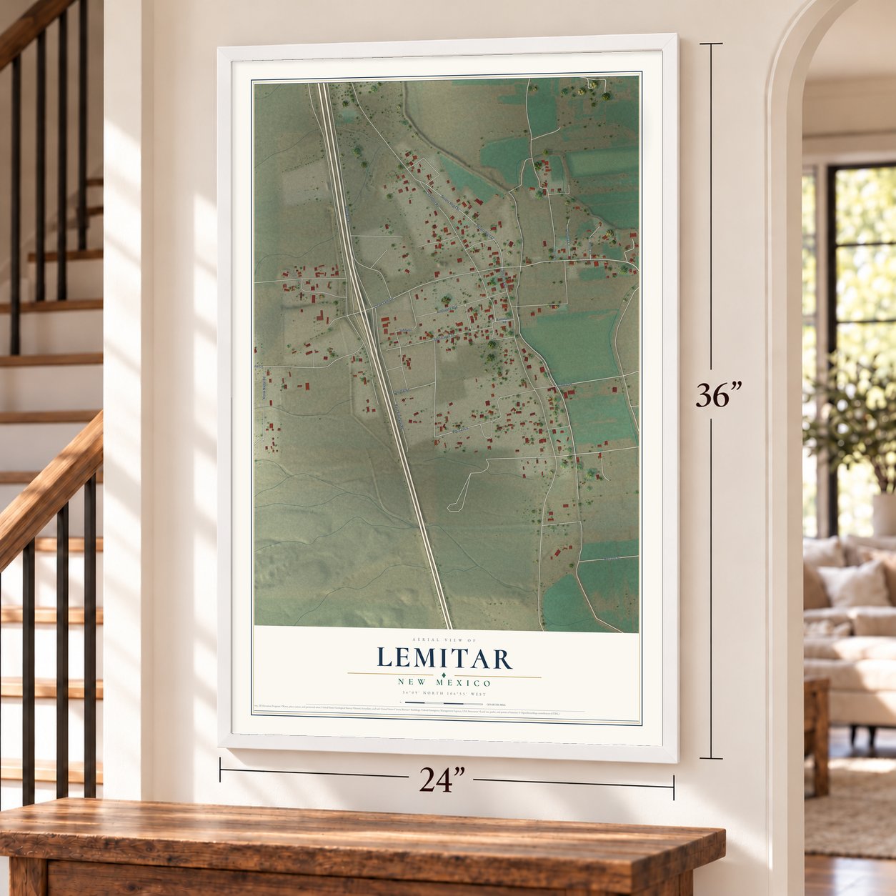 Lemitar, New Mexico map, 24 x 36 inch print in a white frame by a staircase