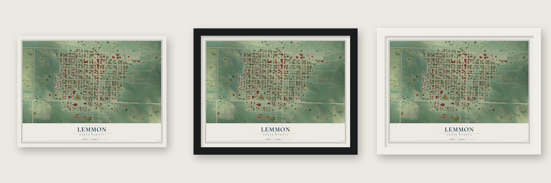 Lemmon, South Dakota map unframed, in a black wood frame and in a white wood frame