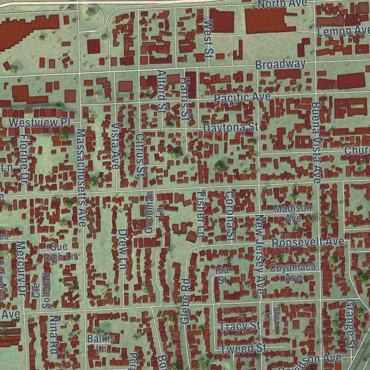 Second close-up of the map of Lemon Grove, California print showing more streets and buildings