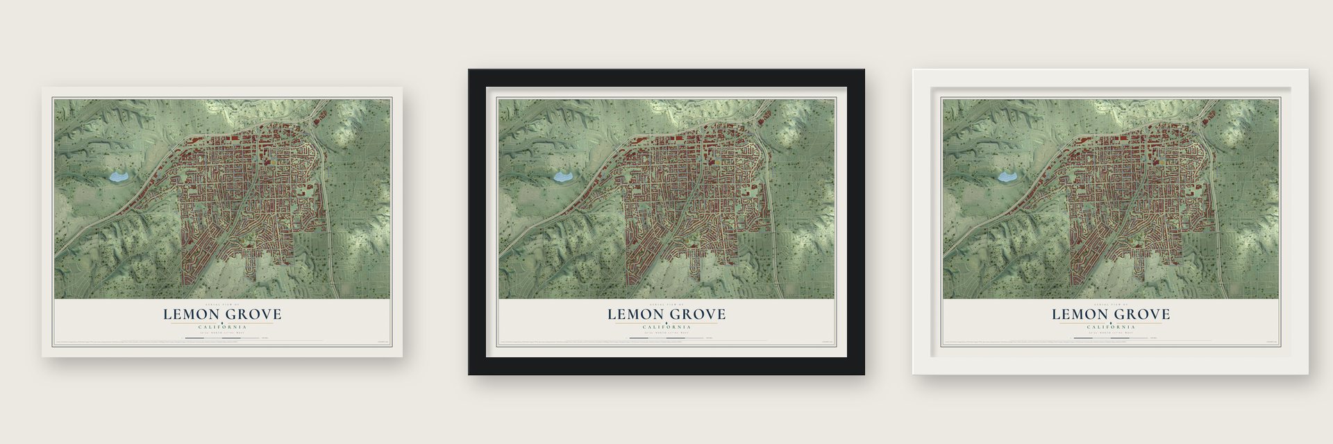 Lemon Grove, California map unframed, in a black wood frame and in a white wood frame