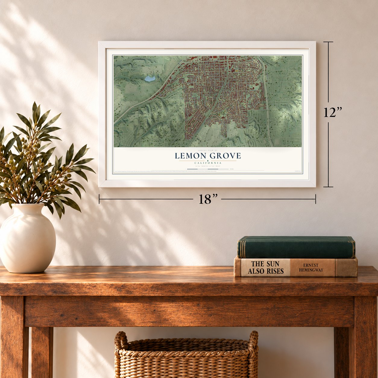 Lemon Grove, California map, 12 x 18 inch print in a white frame in an entryway