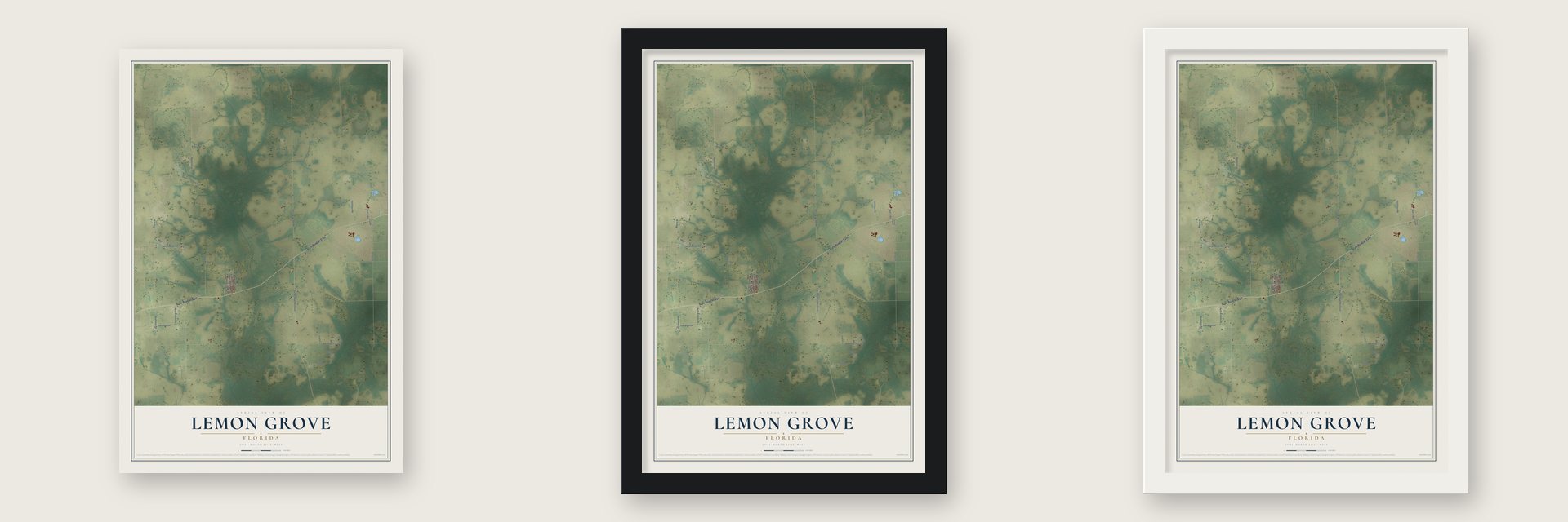 Lemon Grove, Florida map unframed, in a black wood frame and in a white wood frame