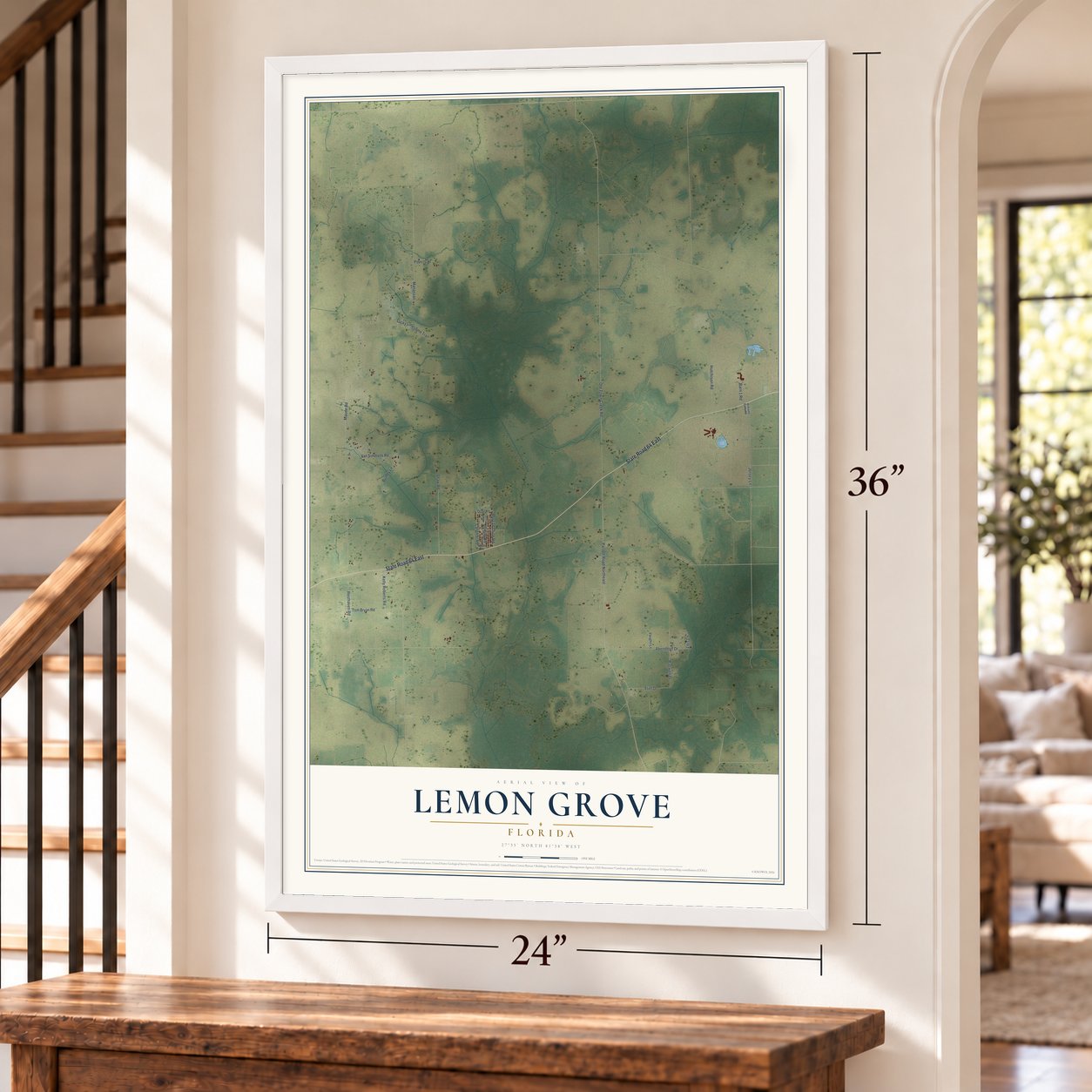Lemon Grove, Florida map, 24 x 36 inch print in a white frame by a staircase