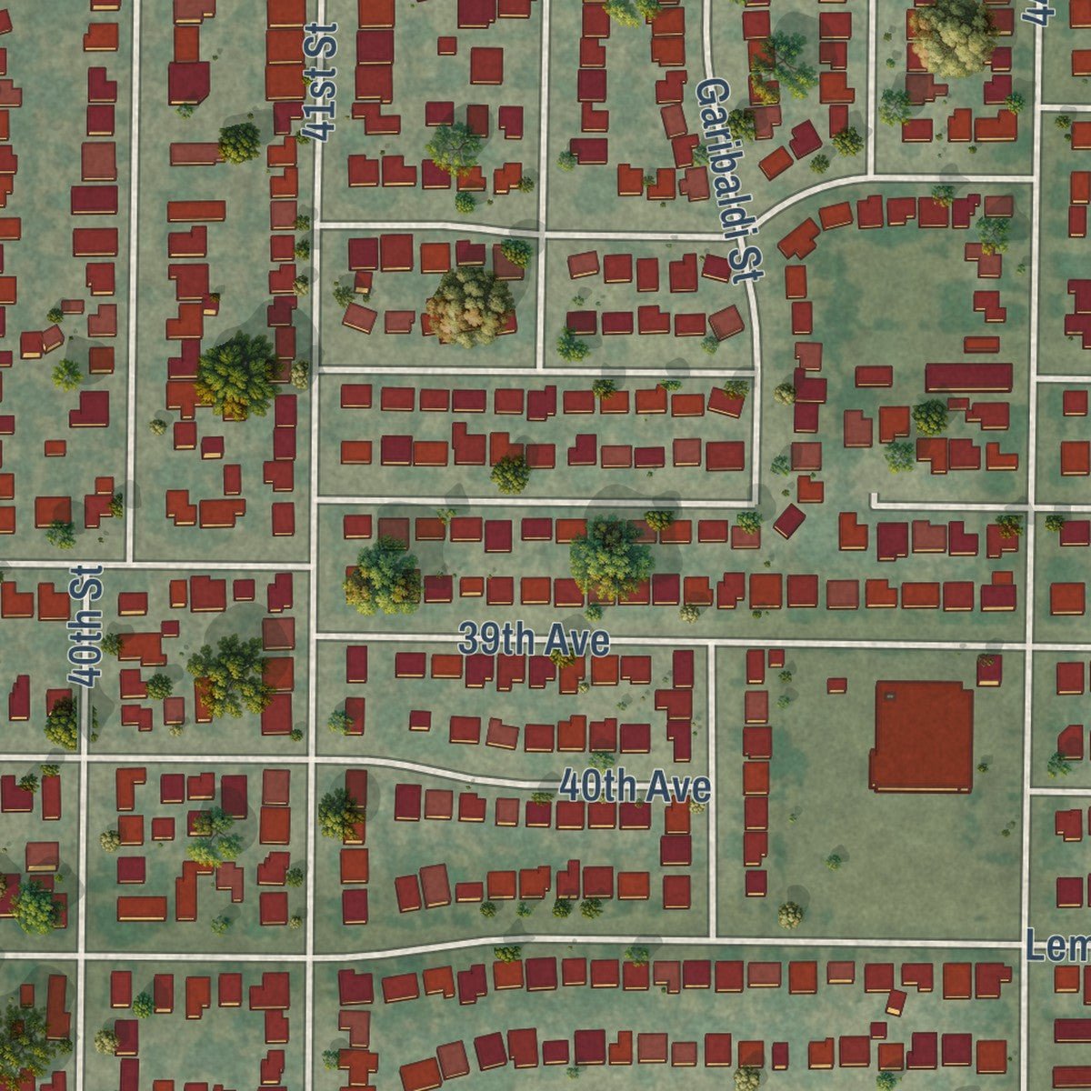 Second close-up of the map of Lemon Hill, California print showing more streets and buildings