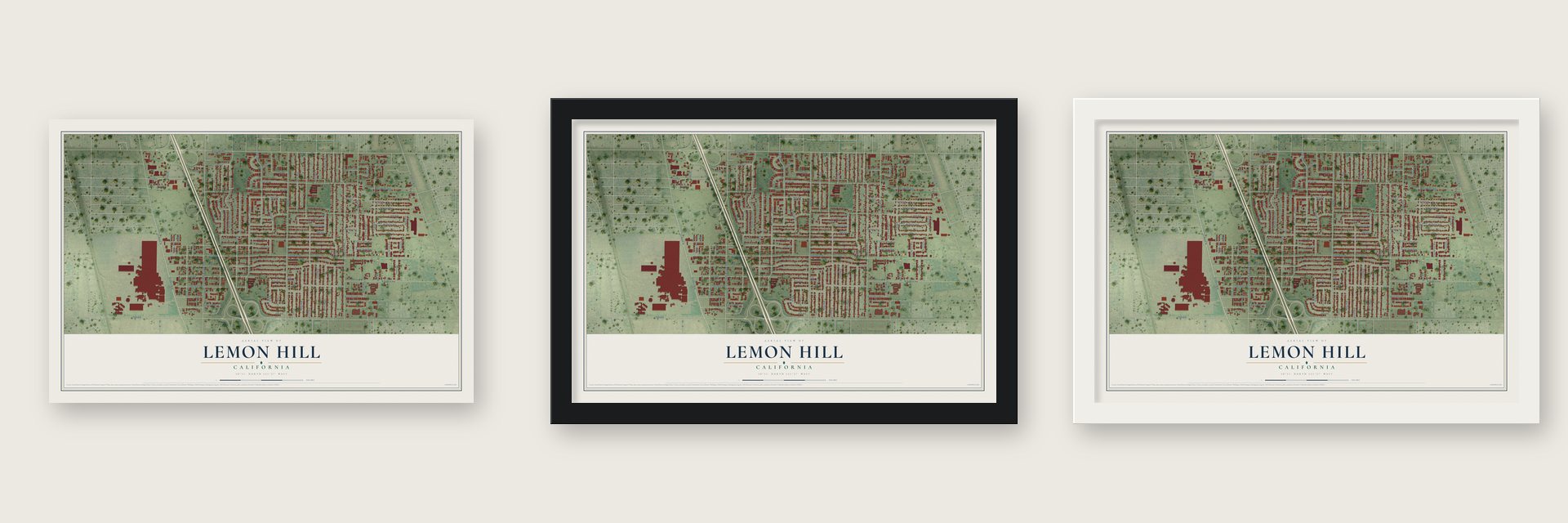 Lemon Hill, California map unframed, in a black wood frame and in a white wood frame