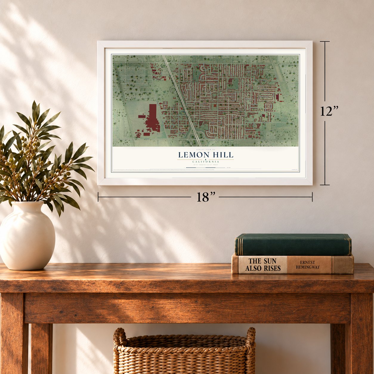 Lemon Hill, California map, 12 x 18 inch print in a white frame in an entryway