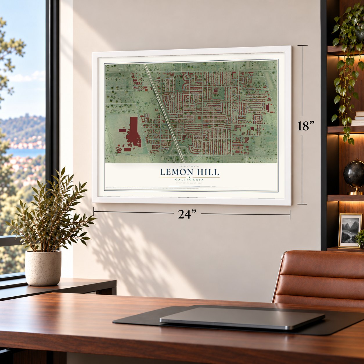 Lemon Hill, California map, 18 x 24 inch print in a white frame in a home office