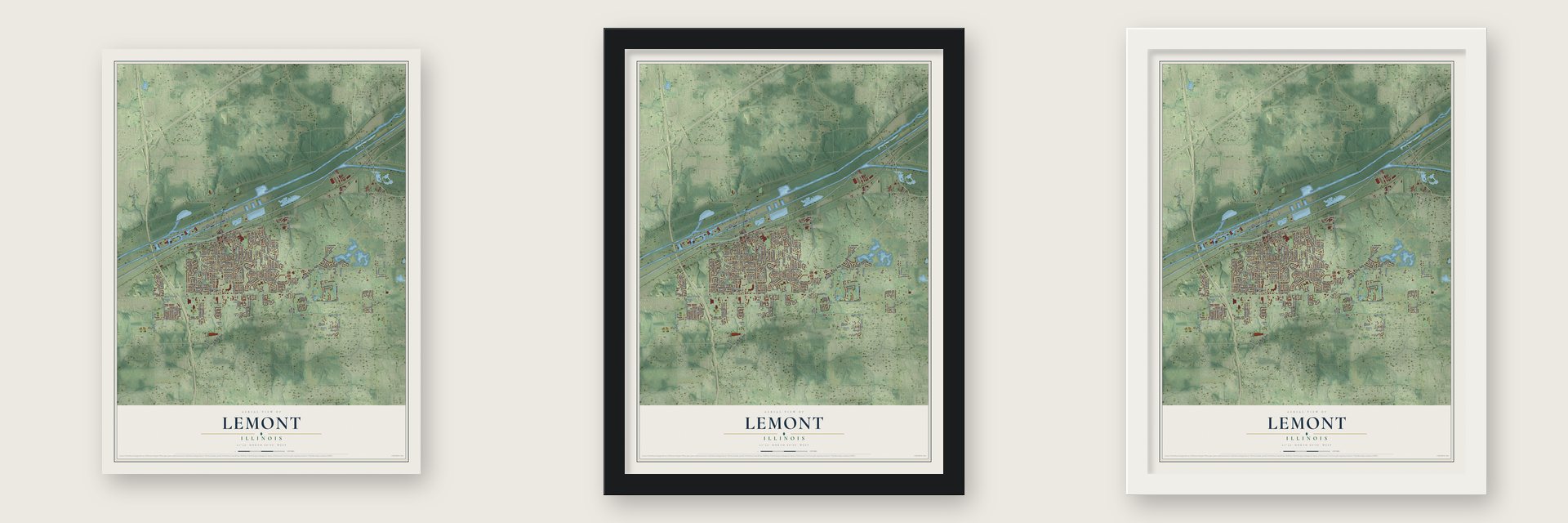 Lemont, Illinois map unframed, in a black wood frame and in a white wood frame