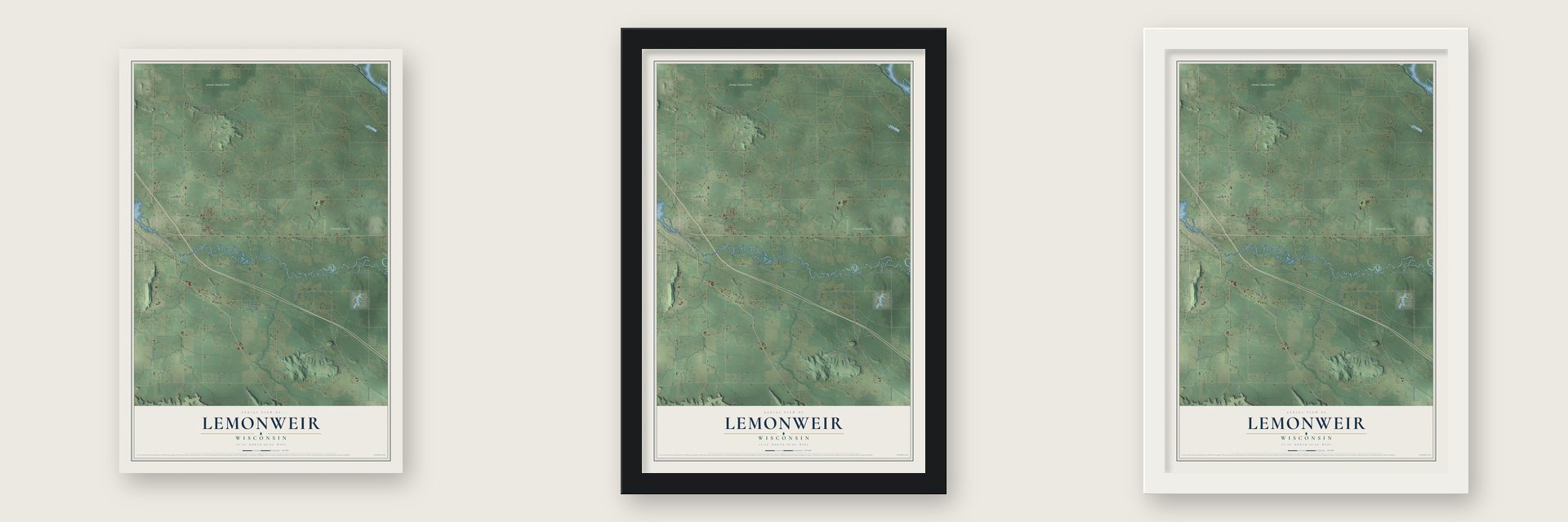 Lemonweir, Wisconsin map unframed, in a black wood frame and in a white wood frame