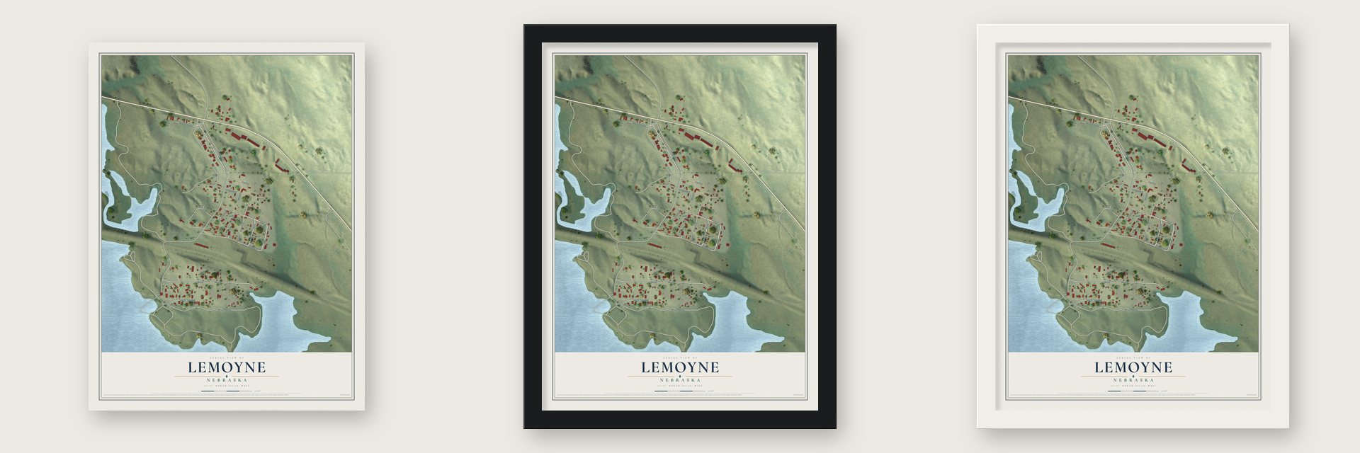 Lemoyne, Nebraska map unframed, in a black wood frame and in a white wood frame