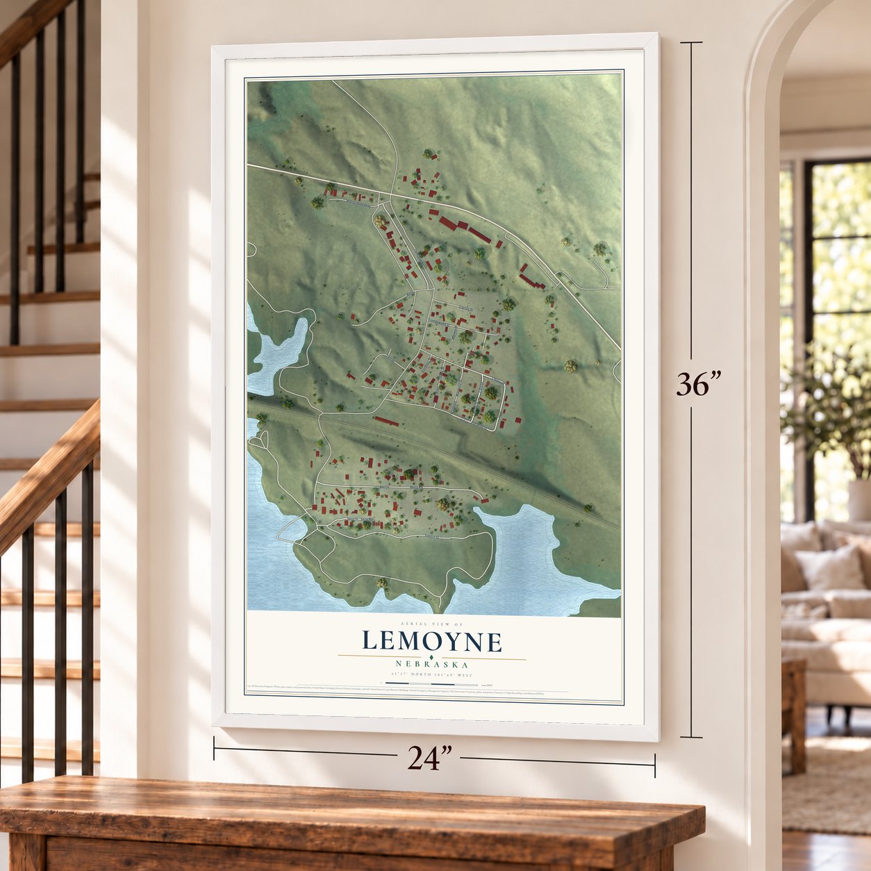 Lemoyne, Nebraska map, 24 x 36 inch print in a white frame by a staircase