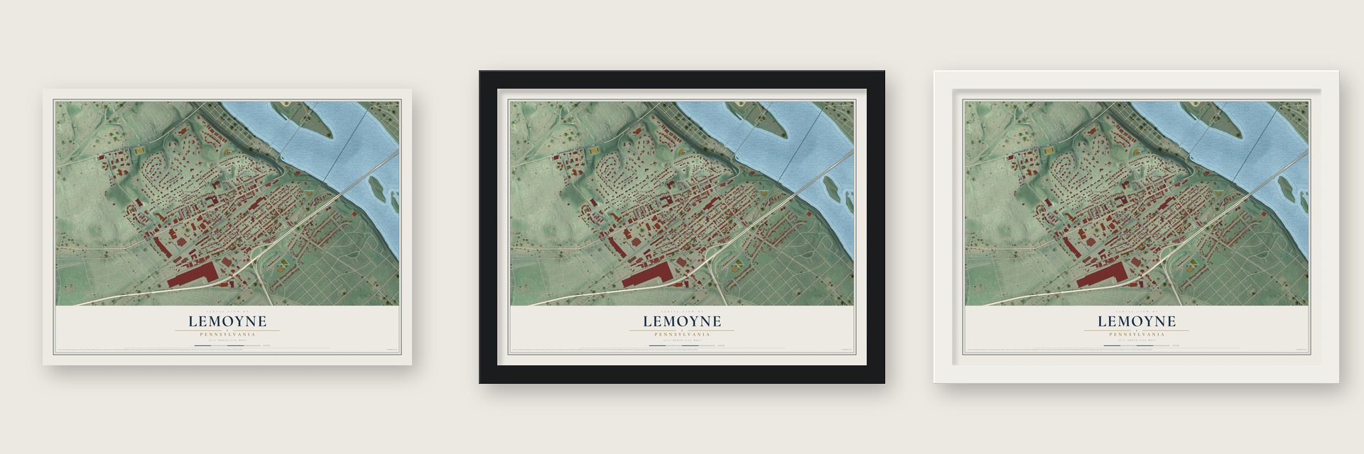 Lemoyne, Pennsylvania map unframed, in a black wood frame and in a white wood frame