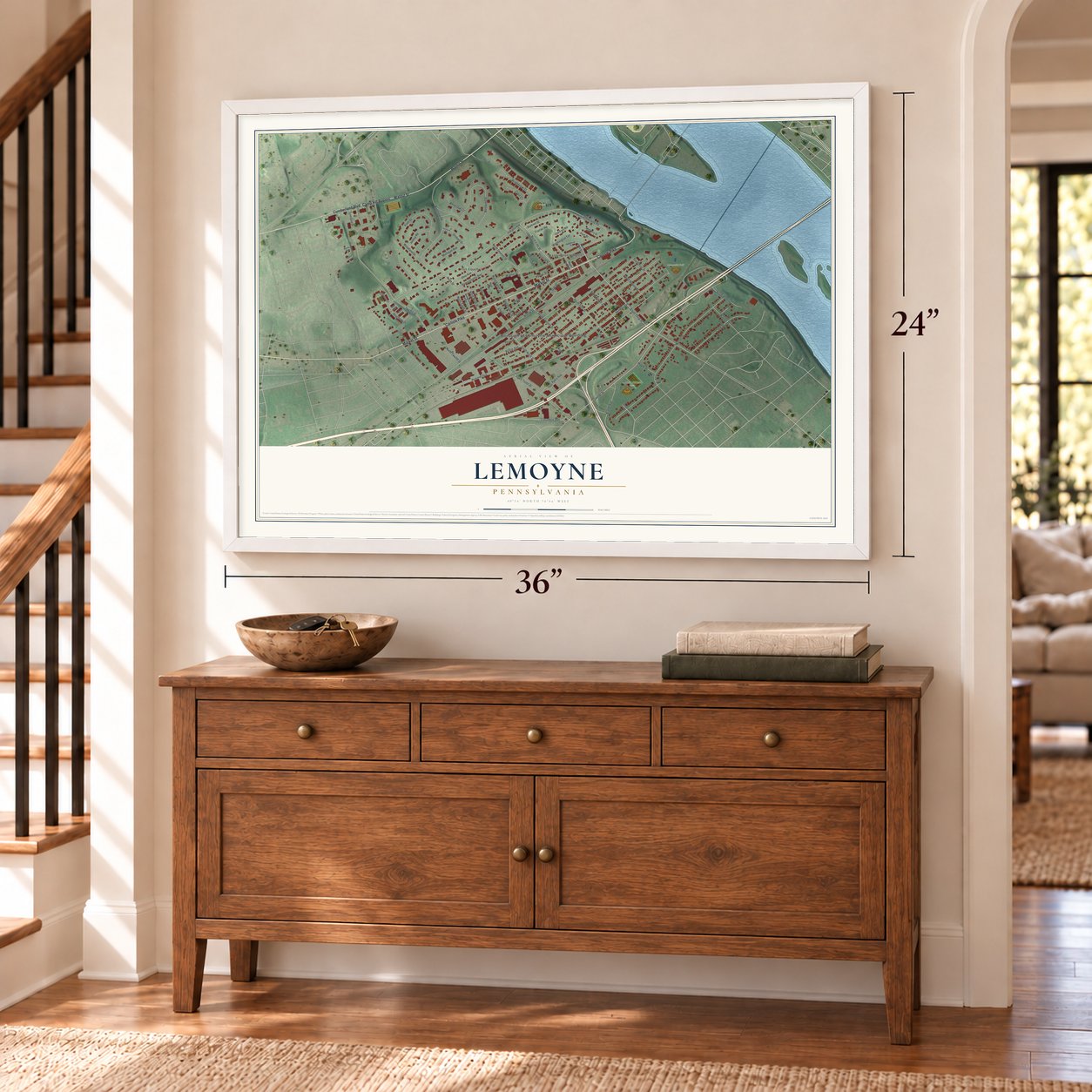 Lemoyne, Pennsylvania map, 24 x 36 inch print in a white frame above a dresser by a staircase