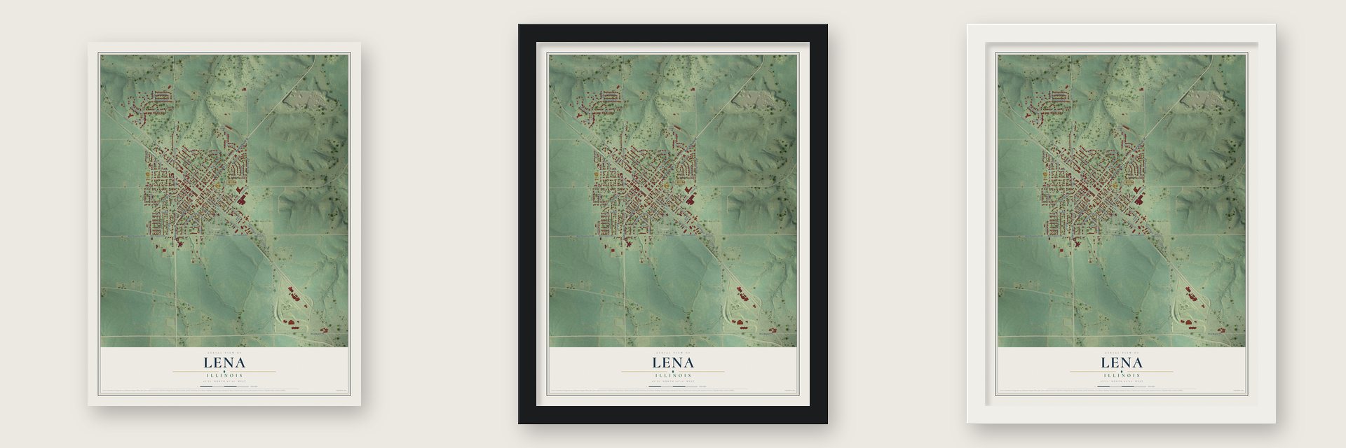 Lena, Illinois map unframed, in a black wood frame and in a white wood frame