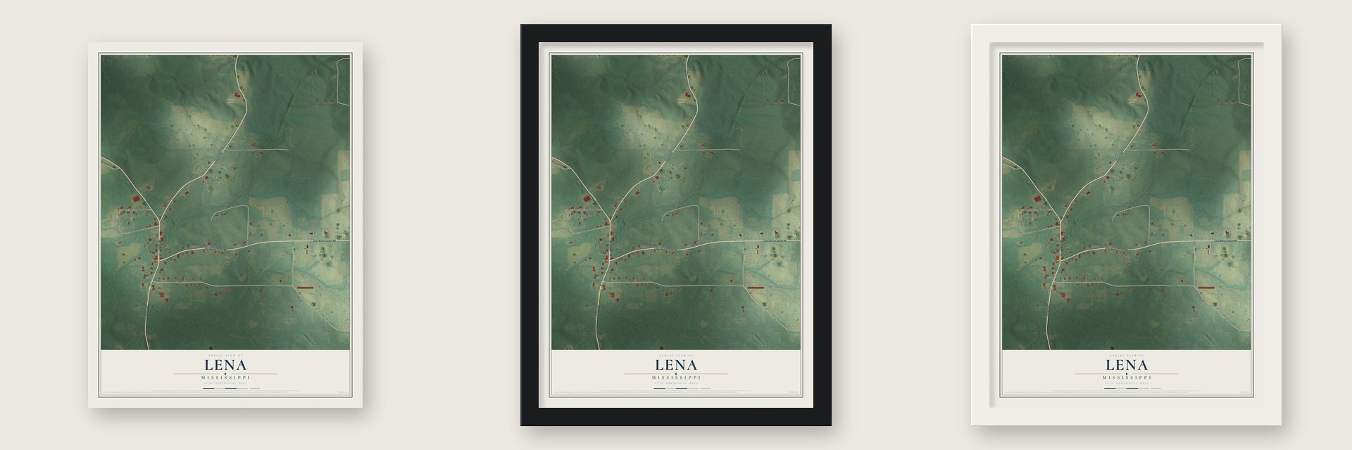 Lena, Mississippi map unframed, in a black wood frame and in a white wood frame