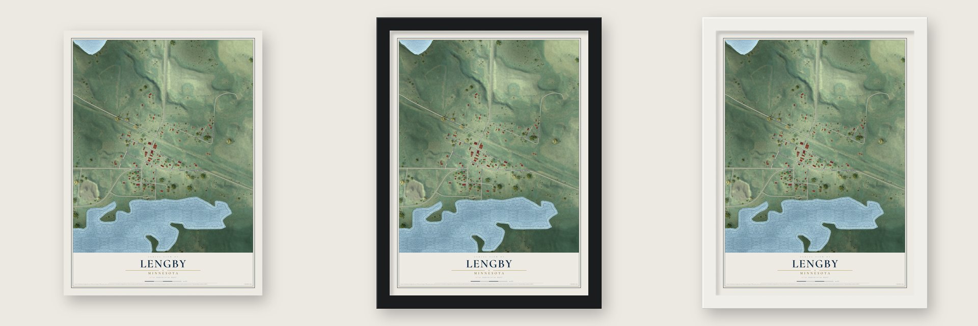 Lengby, Minnesota map unframed, in a black wood frame and in a white wood frame
