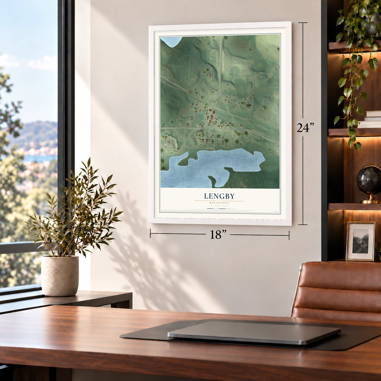 Lengby, Minnesota map, 18 x 24 inch print in a white frame in a home office