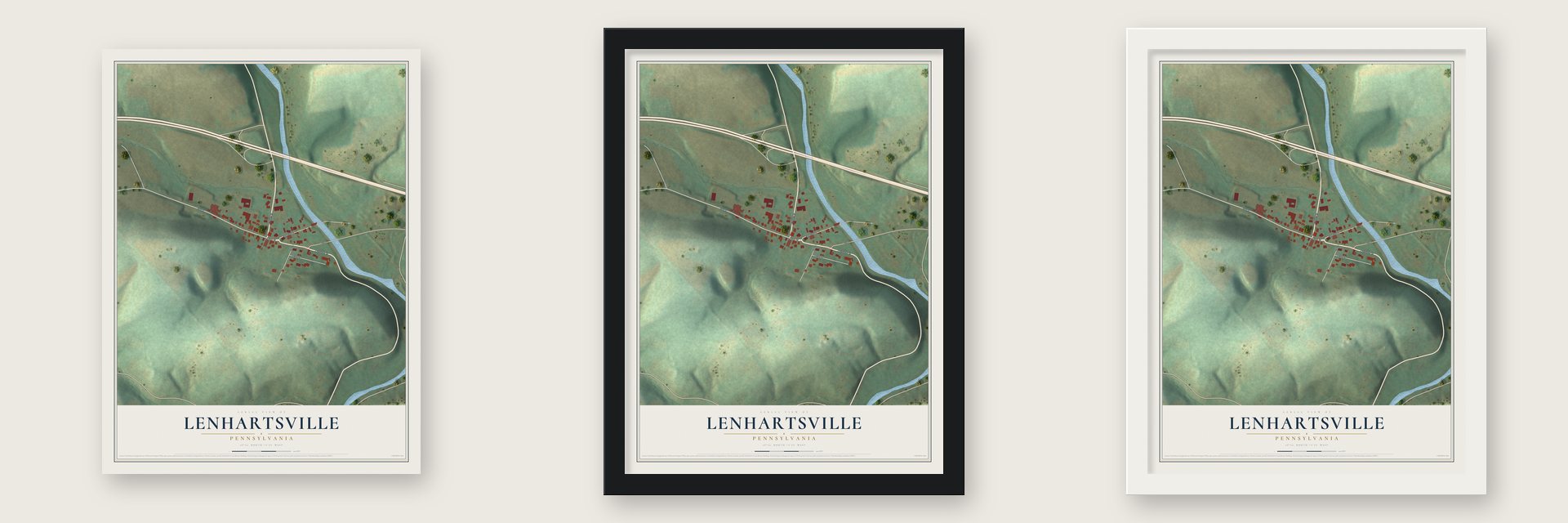 Lenhartsville, Pennsylvania map unframed, in a black wood frame and in a white wood frame