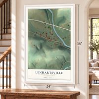 Lenhartsville, Pennsylvania map, 24 x 36 inch print in a white frame by a staircase