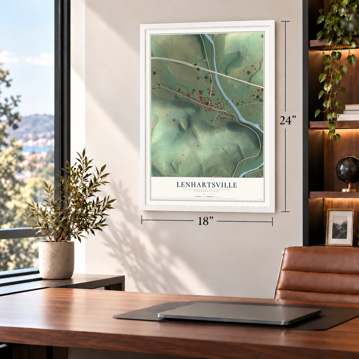 Lenhartsville, Pennsylvania map, 18 x 24 inch print in a white frame in a home office