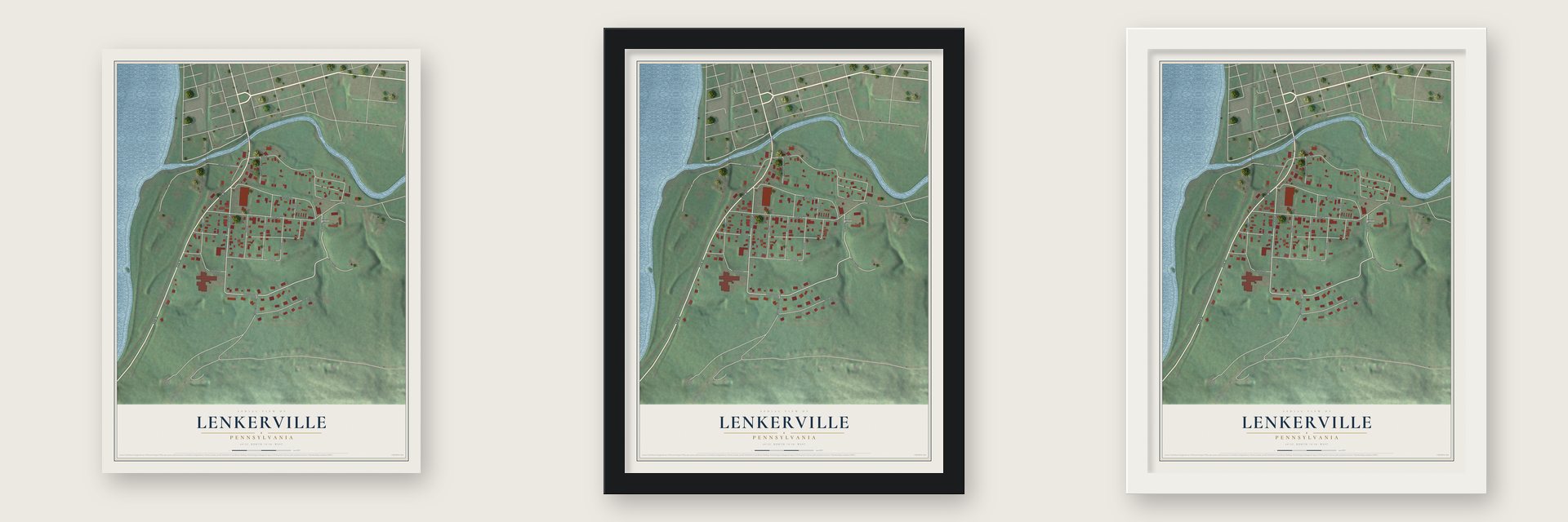 Lenkerville, Pennsylvania map unframed, in a black wood frame and in a white wood frame