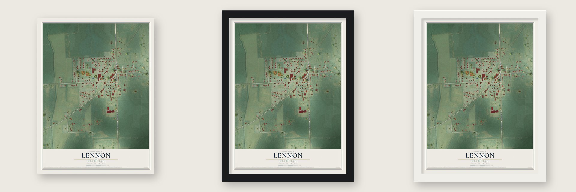 Lennon, Michigan map unframed, in a black wood frame and in a white wood frame