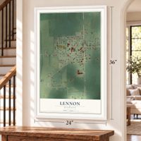 Lennon, Michigan map, 24 x 36 inch print in a white frame by a staircase