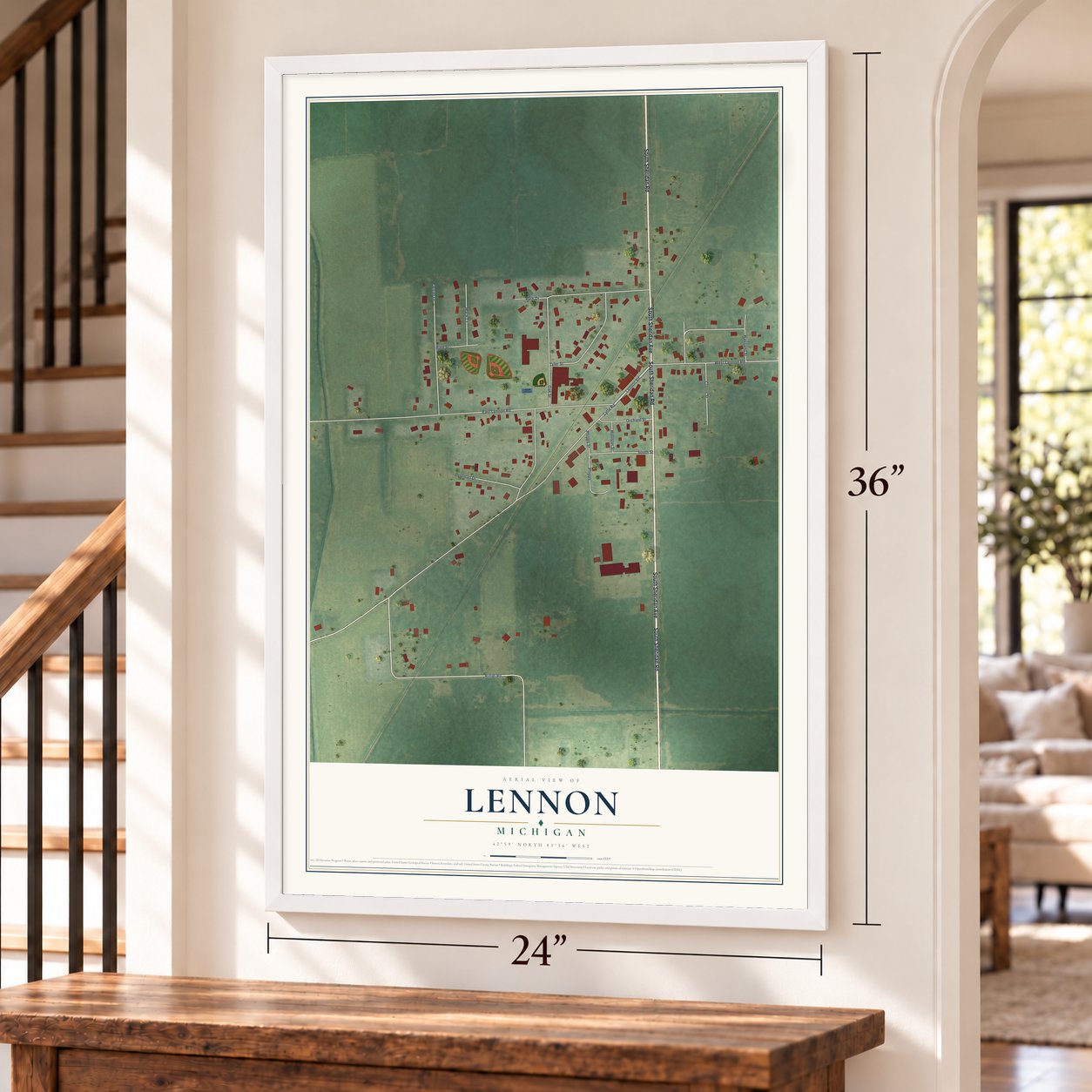 Lennon, Michigan map, 24 x 36 inch print in a white frame by a staircase