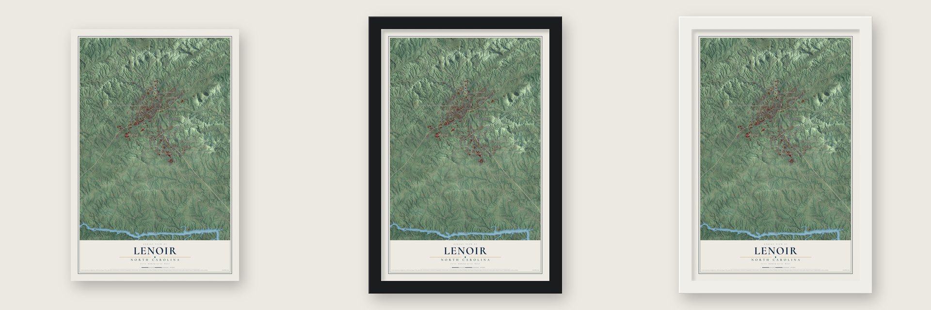Lenoir, North Carolina map unframed, in a black wood frame and in a white wood frame