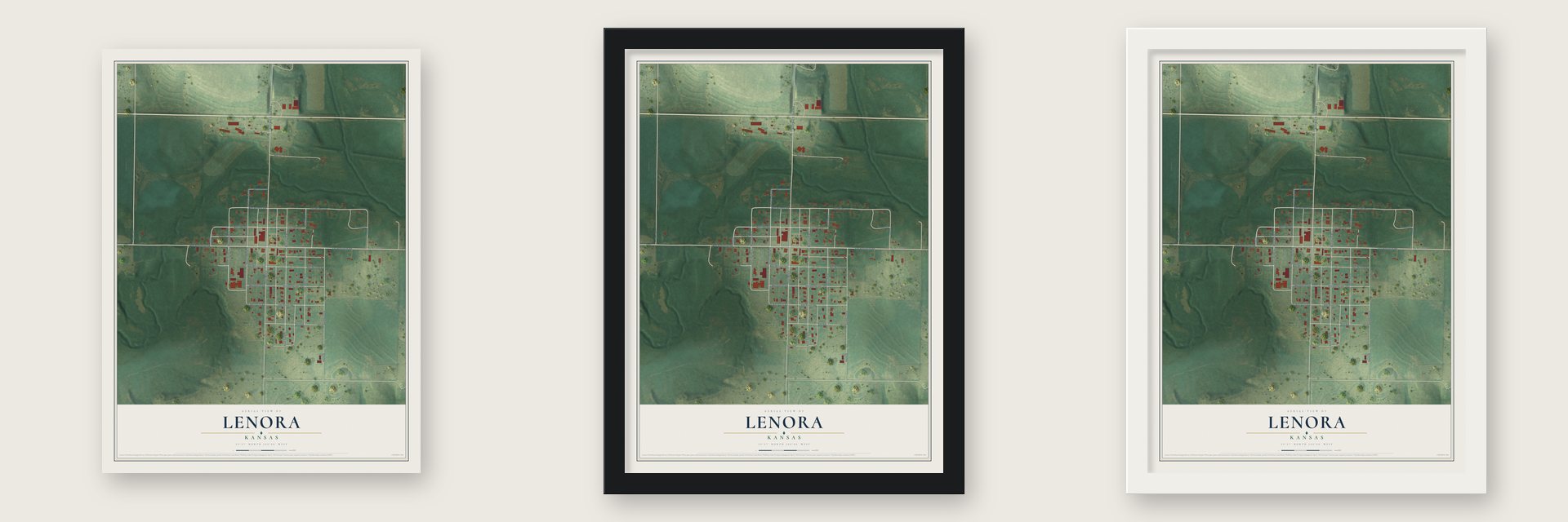Lenora, Kansas map unframed, in a black wood frame and in a white wood frame