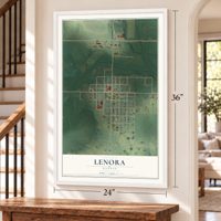 Lenora, Kansas map, 24 x 36 inch print in a white frame by a staircase