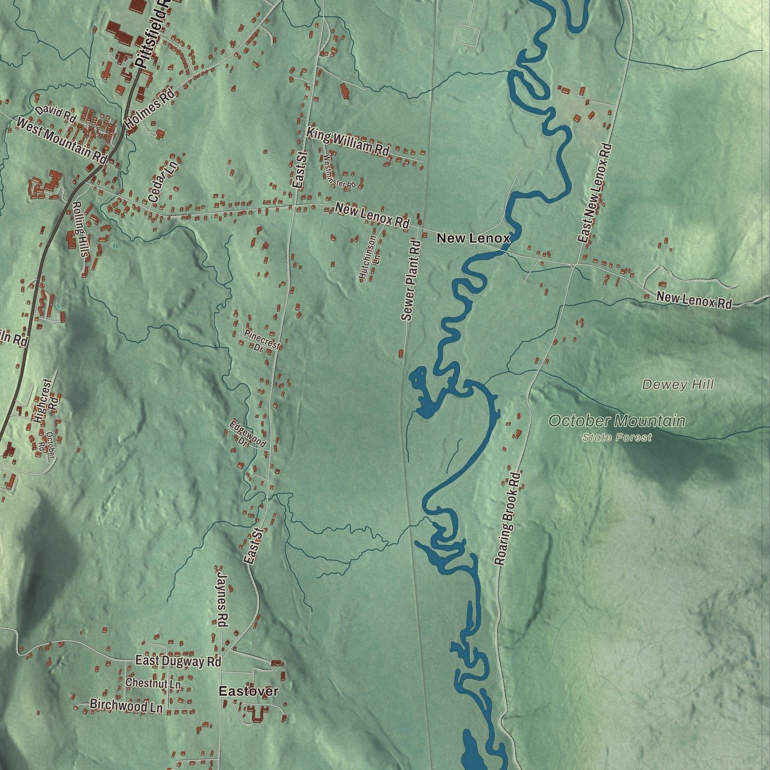 Close-up of the map of Lenox, Massachusetts print showing terrain and local geography