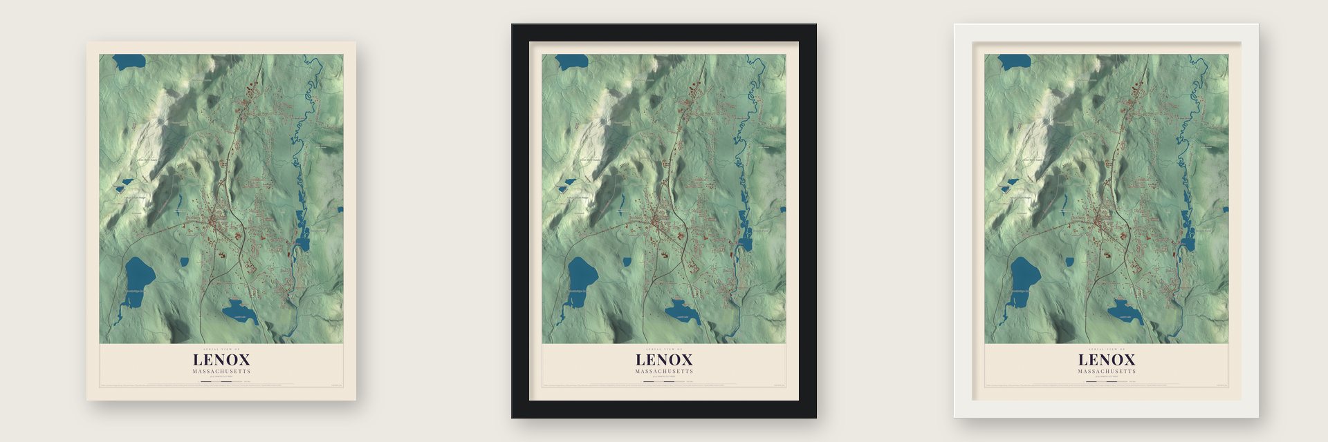 Lenox, Massachusetts map unframed, in a black wood frame and in a white wood frame