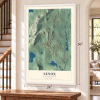 Lenox, Massachusetts map, 24 x 36 inch print in a white frame by a staircase